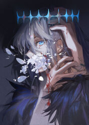 1boy black_hair blood blood_on_hands bloody_tears blue_eyes bug centipede cloak crown crying crying_with_eyes_open diamond_hairband fate/grand_order fate_(series) flower fur-trimmed_cloak fur_trim highres kuaile_xiaogou_(xin69476) looking_at_viewer male_focus medium_hair oberon_(fate) oberon_(third_ascension)_(fate) official_alternate_hair_color portrait solo tears white_flower