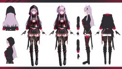 1girl absurdres ahoge arahenas belt black_belt black_boots black_gloves black_hood black_jacket black_skirt boots breasts chain cleavage closed_mouth color_guide fingerless_gloves flower gloves grey_hair hair_flower hair_ornament highres hood hooded_jacket indie_virtual_youtuber jacket knee_boots long_hair multiple_views nasai_ikumi navel one_side_up partially_fingerless_gloves pink_flower pink_rose pleated_skirt red_eyes reference_sheet rose second-party_source skirt stomach thighhighs torn_clothes torn_thighhighs virtual_youtuber