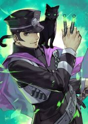 1boy belt black_cat black_hair black_hat black_jacket cape cat devil_summoner:_raidou_kuzunoha_vs_the_soulless_army devil_summoner_(series) gakuran gouto green_background grey_eyes hat highres hungry_clicker jacket kuzunoha_raidou male_focus official_art one_eye_covered peaked_cap purple_cape school_uniform short_hair smile solo upper_body
