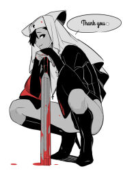 Rule 34 | 1boy, animal ear headwear, black hair, blood, bloody weapon, cross, cross necklace, english text, fake animal ears, fucafucamold, full body, high heels, holding baton (weapon), jewelry, male focus, necklace, nun, original, short hair, simple background, smile, solo, thank you, weapon, white background