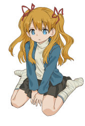 1girl :c ama-tou blonde_hair blue_eyes female_focus hair_ribbon jacket kanon long_hair long_sleeves looking_at_viewer no_shoes open_clothes open_jacket ribbon sawatari_makoto shirt simple_background sitting skirt socks solo striped_clothes striped_socks two_side_up v_arms wariza white_background