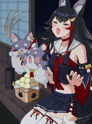 1girl :3 animal_ear_fluff animal_ears armpit_crease armpit_cutout bell black_hair blush blush_stickers chibi choker claw_pose closed_eyes clothing_cutout commentary_request dango detached_sleeves facial_mark food hair_ornament highres hololive howling kouhaku_nawa lace long_hair mia960 midriff miofa_(ookami_mio) multicolored_hair ookami_mio ookami_mio_(1st_costume) pawpads pleated_skirt red_choker ribbon rope sanbou shimenawa shouji sitting skirt sliding_doors streaked_hair sweatdrop tail thighhighs tsukimi_dango virtual_youtuber wagashi whisker_markings wolf_ears wolf_girl wolf_tail
