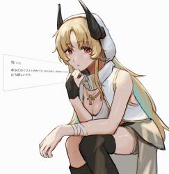 1girl ankh aqua_hair arknights bandaged_arm bandages bare_shoulders black_horns blonde_hair breasts cleavage colored_inner_hair commentary horns inset jewelry long_hair looking_at_viewer medium_breasts multicolored_hair niceratus_kiotensis orange_eyes parted_bangs parted_lips philae_(arknights) request_inset simple_background sitting solo white_background