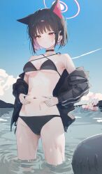 1girl animal_ears bare_shoulders bikini black_bikini black_choker black_hair black_jacket blue_archive blue_sky breasts cat_choker cat_ears choker cloud colored_inner_animal_ears colored_inner_hair extra_ears halo highres jacket kazusa_(blue_archive) medium_breasts multicolored_hair navel off_shoulder open_clothes open_jacket pink_halo short_hair sky standing stomach swimsuit two-tone_hair wading water wet white_cat_(artist)