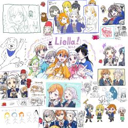 &gt;_o 5girls arashi_chisato artist_collaboration artist_name beret black_hair black_pantyhose black_thighhighs blonde_hair blue_capelet blue_eyes blue_jacket blue_nails blush bow bowtie brown_footwear capelet cardigan character_request closed_mouth collage collared_shirt commentary_request copyright_request double_bun dress dress_shirt eli_clark emma_woods fur_trim green_capelet green_cardigan green_eyes green_nails grey_dress grey_hair hair_between_eyes hair_bun hair_ornament hat hazuki_ren headphones headphones_around_neck heanna_sumire heart heart_hands highres hug hug_from_behind identity_v idol idol_clothes jack_(identity_v) jacket kashikaze loafers long_hair long_sleeves love_live! love_live!_superstar!! lucky_guy medium_hair multiple_girls nail_polish neck_ribbon octopus one_eye_closed open_mouth orange_capelet orange_hair orange_nails pantyhose pinafore_dress pink_bow pink_bowtie pink_capelet pink_nails pointing pointing_at_viewer ponytail purple_eyes red_eyes red_ribbon ribbon robbie_(identity_v) school_uniform shibuya_kanon shirt shoes short_hair signature sleeveless sleeveless_dress star_(symbol) star_hair_ornament tang_keke teeth thighhighs tongue tongue_out translation_request upper_teeth_only v v_over_eye vera_nair white_background white_hair white_headwear white_shirt yellow_eyes yuigaoka_school_uniform zettai_ryouiki