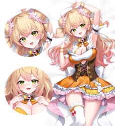 Rule 34 | 1girl, arm garter, arm up, armpits, bare shoulders, blonde hair, bow, bowtie, breasts, cleavage, cleavage cutout, clothing cutout, dakimakura (medium), double bun, dress, fang, flower, frilled dress, frilled thighhighs, frills, gradient hair, green eyes, hair bun, hair flower, hair ornament, hand up, highres, hololive, large breasts, lethe (lethe187), long hair, looking at viewer, lying, medium breasts, momosuzu nene, multicolored hair, on back, open mouth, orange dress, single thighhigh, sleeveless, sleeveless dress, smile, solo, thighhighs, two side up, underboob cutout, underbust, virtual youtuber, white thighhighs