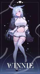 1girl absurdres ahoge animal_ears black_background black_choker black_jacket blue_hair boots breasts choker commission crop_top full_body fymrie grey_eyes hand_up has_a_figure heart highleg highres jacket large_breasts long_hair long_sleeves looking_at_viewer midriff navel off_shoulder open_clothes open_jacket open_mouth original puffy_long_sleeves puffy_sleeves rabbit_ears shirt short_shorts shorts simple_background smile solo stomach taut_clothes taut_shirt thigh_boots thigh_gap thighhighs thighs very_long_hair white_boots white_hair white_shirt white_shorts white_thighhighs