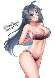 1girl absurdres ahoge black_hair bra breasts brown_bra brown_panties heian_maru_(kancolle) highres kantai_collection katou_shinobu large_breasts long_hair navel panties round_eyewear solo striped_bra striped_clothes striped_panties underwear underwear_only vertical-striped_bra vertical-striped_clothes vertical-striped_panties very_long_hair