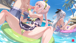 1boy 1girl 2girls airani_iofifteen beach bikini bikini_skirt blue_eyes bow_hairband breasts cameltoe caressing_testicles censored commentary double_bun dr-alu fellatio front-tie_bikini_top front-tie_top green_bikini green_hairband grey_hair hair_bun hairband hetero hololive hololive_indonesia hololive_summer_2023_swimsuit layered_bikini lens_flare licking licking_penis long_hair long_sidelocks looking_at_another male_swimwear medium_breasts mosaic_censoring multicolored_hairband multiple_girls no_hair_ornament official_alternate_costume oral paid_reward_available paint_splatter paint_splatter_on_face penis pink_hair pool purple_eyes side_ponytail side_up_bun sidelocks spread_legs striped_bikini striped_clothes swept_bangs swim_trunks swimsuit testicles thick_thighs thighs two_side_up very_long_hair vestia_zeta virtual_youtuber white_hair wristband
