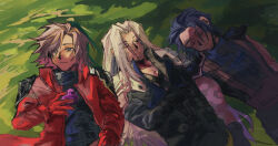 3boys angeal_hewley apple black_hair brown_hair closed_eyes crisis_core_final_fantasy_vii dull_flranks facial_hair final_fantasy final_fantasy_vii food fruit genesis_rhapsodos grass grey_hair highres holding holding_food holding_fruit jacket long_hair lying male_focus multiple_boys on_back on_grass red_jacket sephiroth short_hair sleeping