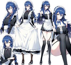 1girl ameno_(a_meno0) apron black_dress black_thighhighs blue_eyes blue_hair blush brand_of_the_exalt breasts closed_mouth detached_sleeves dress fire_emblem fire_emblem_awakening garter_straps hair_between_eyes legs long_hair long_legs long_sleeves looking_at_viewer lucina_(fire_emblem) maid maid_apron maid_headdress nintendo simple_background smile solo thighhighs thighs white_apron white_background