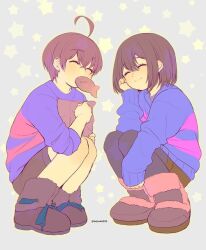 1boy 1girl ahoge ankle_boots bag black_pantyhose blue_ribbon blue_sweater bob_cut boots brown_bag brown_boots brown_hair brown_shorts closed_mouth colored_skin commentary_request crossed_bangs double-parted_bangs dual_persona face-to-face facing_another food footwear_ribbon frisk_(undertale) from_below full_body fur-trimmed_boots fur_trim genderswap genderswap_(otf) genderswap_(otm) grey_background hair_between_eyes hand_on_own_cheek hand_on_own_face holding holding_bag knees_up long_sleeves mouth_hold naoki_(oosuko) outline pantyhose paper_bag pink_sweater puffy_long_sleeves puffy_sleeves ribbon short_hair shorts side-by-side simple_background sleeves_rolled_up smile squatting star_(symbol) star_symbol_background striped_clothes striped_sweater sweater three-quarter_sleeves two-tone_background two-tone_sweater undertale yellow_outline yellow_skin