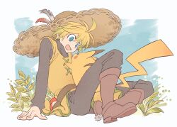 1girl 9st_3nomushi absurdres black_pants black_shirt body_fur boots brown_boots dress full_body gen_1_pokemon hat highres nintendo pants pikachu pokemon pokemon_(creature) pokemon_adventures shirt sitting straw_hat yellow_(pokemon) yellow_dress yellow_fur