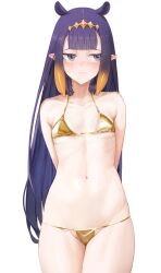 1girl absurdres alternate_costume arms_behind_back averting_eyes bare_shoulders bikini blush breasts center-flap_bangs closed_mouth commentary cowboy_shot diamond_hairband embarrassed facing_viewer fang furrowed_brow gold_bikini gradient_hair highres hololive hololive_english legs_together long_hair micro_bikini mole mole_under_eye multicolored_hair navel ninomae_ina&#039;nis orange_hair pointy_ears purple_eyes purple_hair sidelocks simple_background skin_fang small_breasts solo spicyyrum standing stomach string_bikini sweat swimsuit tentacle_hair two-tone_hair very_long_hair virtual_youtuber white_background