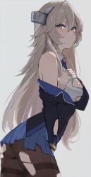 1girl black_jacket blue_necktie blue_skirt breasts collared_shirt dress_shirt grey_background grey_eyes grey_hair headgear jacket kantai_collection long_hair looking_at_viewer medium_breasts necktie neju pantyhose shirt simple_background skirt sleeveless sleeveless_shirt solo thighband_pantyhose torn_clothes washington_(kancolle) white_shirt