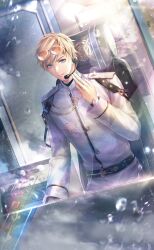 1boy artist_request belt belt_buckle black_belt black_shirt blonde_hair blue_eyes buckle buttons chair collared_jacket cowboy_shot crest day eyelashes eyewear_on_head game_cg gold_buckle hair_between_eyes happy headset high_collar highres indoors jacket light_of_dawn_(shining_nikki) light_rays loen_(shining_nikki) long_sleeves looking_at_viewer male_focus military_uniform multiple_belts nikki_(series) office office_chair official_art on_chair orange-tinted_eyewear parted_lips police shining_nikki shirt short_hair shoulder_belt shoulder_pads shoulder_spikes sitting sleeve_cuffs smile solo spikes studded_belt sunglasses sunlight swept_bangs swivel_chair teeth third-party_source tinted_eyewear tree turtleneck turtleneck_shirt undershirt watch water_drop white_jacket window wristwatch