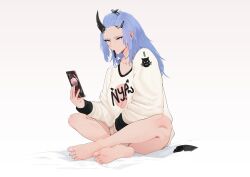 1girl absurdres barefoot blue_eyes blue_hair breasts cellphone commentary english_commentary feet hair_ornament hair_tie_in_mouth hairclip highres holding holding_phone horns long_hair long_sleeves looking_at_phone mouth_hold original phone saki_(the_atko) shirt single_horn sitting smartphone soles solo the_atko toes