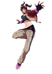 15death 1girl black_gloves black_shirt commission crop_top cropped_jacket cropped_shirt fingerless_gloves gloves highres jacket knee_up ling_xiaoyu midriff open_clothes open_jacket pants pink_shoes red_jacket shirt shoes short_twintails simple_background smile sneakers solo tekken tekken_4 track_pants twintails white_background white_pants