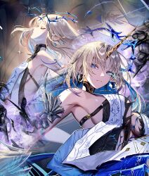 2girls absurdres black_collar black_dress blonde_hair blue_eyes blue_hair breasts cartethyia_(wuthering_waves) closed_eyes closed_mouth collar colored_inner_hair commentary_request crown_of_thorns dress dual_persona earrings fleurdelys_(wuthering_waves) floating_earrings highres horns huge_breasts jewelry long_hair long_horns medium_breasts multicolored_hair multiple_girls necklace parted_bangs pointy_ears sidelocks single_horn soare_lucien wuthering_waves yellow_horns