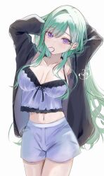 1girl adjusting_hair breasts breasts_apart camisole cardigan green_hair hair_tie_in_mouth highres large_breasts long_hair looking_at_viewer mole mole_on_breast mouth_hold navel open_clothes purple_camisole purple_eyes shorts solo standing suyosuyo virtual_youtuber vspo! yakumo_beni yakumo_beni_(5th_costume)