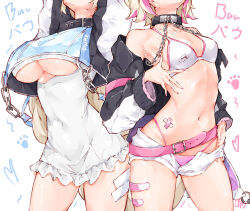 2girls absurdres adapted_costume armpits bandaid bandaid_on_leg bandaid_on_stomach belt bikini bikini_under_shorts black_jacket blue_streaks breasts chain clothing_cutout collar covered_navel cowboy_shot cropped_jacket dog_girl dog_tail dress frilled_dress frills fuwawa_abyssgard fuwawa_abyssgard_(1st_costume) hand_under_clothes hand_under_shorts head_out_of_frame highres hololive hololive_english jacket large_breasts long_hair ma_draws medium_breasts micro_shorts mismatched_bikini mococo_abyssgard mococo_abyssgard_(1st_costume) multicolored_hair multiple_girls navel paid_reward_available pink_bikini pink_streaks short_dress short_hair shorts stomach streaked_hair swimsuit tail underboob underboob_cutout virtual_youtuber white_background white_bikini white_shorts