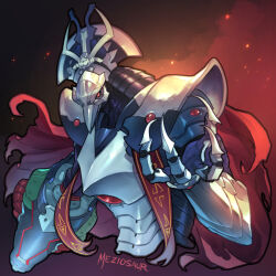 Rule 34 | 1boy, arm cannon, armor, artist name, banner, beak, cape, grey armor, metroid, metroid dread, meziosaur, nintendo, no humans, normal suit (metroid), power suit, raven beak (metroid), red cape, red eyes, shoulder armor, solo, solo focus, weapon