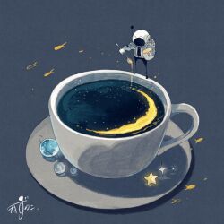 1other artist_name bucket coffee commentary crescent_moon cup drink fish flying_fish food_focus gloves grey_background grey_jacket helmet highres holding holding_bucket holding_ladle jacket kazunoko_(kazunoko_zunoco) ladle latte_art mini_person moon original planet planetary_ring pouring radio_antenna saucer signature simple_background solo space_helmet sparkle standing star_(symbol) teacup white_gloves