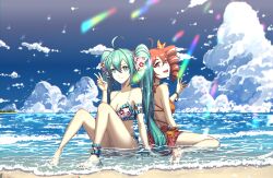 2girls absurdres aqua_eyes aqua_hair beach bikini blue_sky cloud cloudy_sky eadgear frilled_bikini frills hatsune_miku highres kasane_teto kasane_teto_(sv) looking_at_viewer multiple_girls ocean open_mouth red_eyes red_hair ringlets sand sitting sky swimsuit synthesizer_v twintails v vocaloid waves