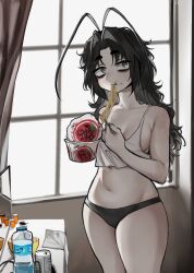 1girl antenna_hair armpit_crease bags_under_eyes black_eyes black_hair black_panties breasts bug cleavage cockroach cup_ramen eating hair_intakes highres insect long_hair looking_at_viewer marblechii medium_breasts navel original panties plastic_bottle roach_girl_(marblechii) solo stomach tank_top underwear white_tank_top