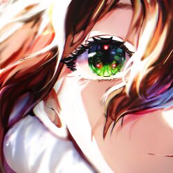 1girl absurdres blurry brown_hair close-up closed_mouth commentary eshatinaaaa eye_focus eyelashes glowing glowing_eyes green_eyes hair_between_eyes highres looking_at_viewer portrait re:zero_kara_hajimeru_isekai_seikatsu russian_commentary shaula_(re:zero) simple_background smile solo variant_set