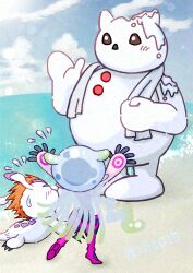 colored_skin digimon digimon_(creature) gomamon jellyfish_girl jellymon melting monster_girl orange_hair pink_skin pixiv_user_(42891114) tentacle_hair tentacles white_skin yukidarumon