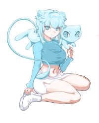 1girl alternate_color annie_lyce blouse blue_eyes blue_hair blue_nails blue_shirt breasts commentary cone_hair_bun creatures_(company) cropped_shirt english_commentary full_body game_freak gen_1_pokemon hair_bun highres holding_hands legendary_pokemon long_sleeves long_tail looking_at_viewer medium_breasts mew_(pokemon) midriff miniskirt mythical_pokemon nail_polish navel navel_piercing nintendo pencil_skirt personification piercing pokemon pokemon_(creature) shiny_pokemon shirt short_hair sidelocks simple_background sitting skirt smile tail wariza white_background white_footwear white_skirt