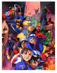2girls 6+boys \o/ absurdres akuma_(street_fighter) arms_up bengus blackheart_(marvel) blonde_hair blue_sailor_collar bodysuit border brown_eyes brown_hair bruce_banner bun_cover capcom captain_america car china_dress chinese_clothes chun-li claws clenched_teeth closed_eyes crossover cyclops_(x-men) dhalsim double_bun dougi dress everyone fingerless_gloves game_cg gloves hair_bun head-mounted_display headband hibiki_dan highres hulk jewelry kasugano_sakura ken_masters m._bison marvel marvel_super_heroes_vs._street_fighter marvel_vs._capcom mechanical_tentacles meteor_shower mma_gloves motor_vehicle multiple_boys multiple_girls necklace non-web_source official_art omega_red on_roof open_mouth outstretched_arms ponytail ryu_(street_fighter) sailor_collar school_uniform serafuku short_hair shuma_gorath skull skull_necklace spider-man steve_rogers street_fighter teeth topknot white_border white_headband wolverine_(x-men) x-men yellow_bodysuit zangief