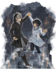2boys absurdres arm_up ascot belt belt_buckle black_belt black_boots black_coat black_pants blue_eyes blue_hair boots buckle buttons cloud cloudy_sky coat commentary crossed_bangs eye_contact full_body grey_hair grey_pants gwedo_metaphor hairband heterochromia highres holding_hands hood hood_up hooded_coat horns lapels long_sleeves looking_at_another male_focus metaphor:_refantazio mixed-language_commentary multiple_boys notched_lapels outdoors pants patterned_clothing protagonist_(metaphor:_refantazio) rain ripples shirt shoe_belt short_hair sky sleeve_cuffs smile strohl_(metaphor:_refantazio) teeth water wet wet_hair white_ascot white_boots white_coat white_shirt yellow_eyes