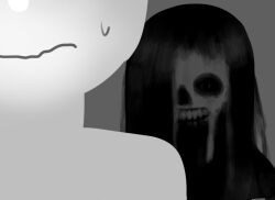 1boy 1girl dark faceless faceless_male grey_background greyscale hair_over_one_eye horror_(theme) long_hair mad_mex monochrome open_mouth original simple_background skull solo_focus teeth wavy_mouth