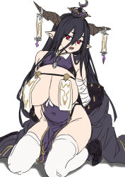 1girl bandages bare_shoulders black_hair breasts china_dress chinese_clothes crescent danua draph dress granblue_fantasy hat highres horn_ornament horns houtengeki huge_breasts jewelry large_breasts long_hair necklace ofuda open_mouth pointy_ears red_eyes solo thighhighs white_background white_thighhighs