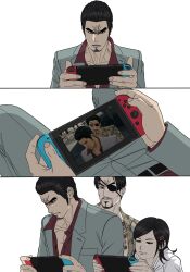 1girl 2boys beard cdtxufre facial_hair formal_clothes goatee grey_suit highres kiryu_kazuma majima_everywhere majima_goro multiple_boys nintendo_switch red_shirt ryuu_ga_gotoku_(series) ryuu_ga_gotoku_1 sawamura_haruka shirt smile suit white_suit