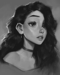 1girl :o art_study black_eyes black_hair curly_hair earrings grey_background greyscale hair_over_shoulder highres jewelry monochrome necklace open_mouth original portrait raised_eyebrows sam_yang simple_background solo surprised