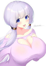 absurdres azur_lane bare_shoulders blue_eyes blush breasts cleavage cleavage_cutout clothing_cutout hand_on_own_chest heart_cutout highres huge_breasts illustrious_(azur_lane) long_hair looking_at_viewer open_mouth ponytail purple_shirt reisa-aisaka shirt twintails white_background white_hair