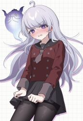 1boy 4ro_1011 ahoge black_skirt blush brown_necktie clenched_teeth crossdressing drop_shadow grey_hair grid_background highres long_hair male_focus master_detective_archives:_rain_code necktie pantyhose purple_eyes red_shirt school_uniform shinigami_(ghost)_(rain_code) shinigami_(rain_code) shirt skirt skull-shaped_pupils sweat symbol-shaped_pupils teeth trap yuma_kokohead