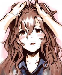 agnes_tachyon_(umamusume) ahoge alternate_hair_length alternate_hairstyle animal_ears blush brown_hair hair_between_eyes horse_ears horse_girl imada_hidehito long_hair messy_hair pov pov_hands red_eyes school_uniform smile solo tracen_school_uniform umamusume