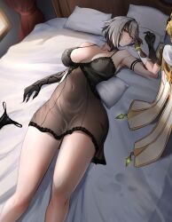 1boy 1girl absurdres aether_(genshin_impact) arlecchino_(genshin_impact) black_eyes black_hair black_nightgown black_panties blonde_hair braid breasts commentary covered_erect_nipples english_commentary genshin_impact grey_hair hair_between_eyes hans-kun highres large_breasts long_hair multicolored_hair nightgown on_bed panties red_pupils see-through_clothes streaked_hair symbol-shaped_pupils two-tone_hair underwear unworn_panties white_hair