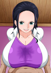 1boy 1girl breasts cleavage highres huge_breasts koktter long_hair nico_robin one_piece paizuri smile