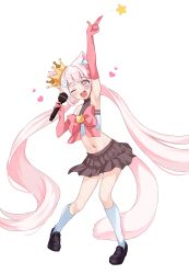1girl :d absurdly_long_hair animal_ear_fluff animal_ears arm_up armpits bare_shoulders black_shoes blue_eyes bow brown_skirt cat_hair_ornament crop_top cropped_shirt crown elbow_gloves fang floating_hair full_body gloves hair_bow hair_ornament hand_up heart holding holding_microphone horegi huge_bow l_hand leaning_to_the_side legs_apart long_hair looking_at_viewer low_twintails microphone midriff miniskirt multicolored_eyes navel one_eye_closed open_mouth original pink_hair pink_tail pleated_skirt red_bow red_eyes red_gloves shirt shirt_bow shoes simple_background skirt sleeveless sleeveless_shirt smile socks solo standing star_(symbol) tail teeth tilted_headwear twintails upper_teeth_only very_long_hair white_background white_shirt white_socks