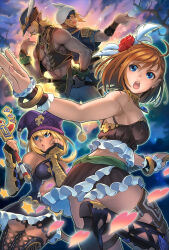 2boys 2girls abs bare_shoulders beret black_gloves blonde_hair blue_eyes blue_hat bracelet breasts brown_hair brown_vest cat_tail cleavage cloud commentary elbow_gloves elf elvaan feather_hair_ornament feathers final_fantasy final_fantasy_xi fingerless_gloves flower gloves gold_bracelet gold_necklace hair_flower hair_ornament hat hat_feather heart highres hume jester_cap jewelry leg_up long_hair median_furrow medium_breasts minagawa_fumio mithra_(ff11) multiple_boys multiple_girls mumor navel necklace official_art open_clothes open_mouth open_vest pectorals pointy_ears purple_hat red_flower second-party_source short_hair sparkle star_(symbol) tail teeth uka_totlihn upper_teeth_only vest white_hat