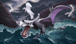 aerodactyl cloud cloudy_sky creatures_(company) flying game_freak gen_1_pokemon highres lightning nintendo no_humans ocean open_mouth overcast pearl7 pokemon pokemon_(creature) red_eyes sky solo spread_wings storm waves