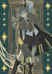 Rule 34 | 1other, ambiguous gender, belt, boots, brown boots, brown coat, brown shorts, closed mouth, coat, cyberseaurchin, expressionless, green eyes, grey hair, holding, holding sword, holding weapon, hourglass, necktie, orange necktie, original, other focus, ponytail, shorts, solo, star (symbol), sword, sword on back, weapon, weapon on back