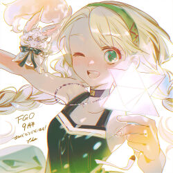 1girl anniversary blonde_hair blush braided_twintails choker creature creature_on_arm dress fate/grand_order fate_(series) fou_(fate) gerda_(fate) glowing green_eyes hairband holding jewelry long_hair looking_at_viewer necklace one_eye_closed open_mouth saint_quartz_(fate) simple_background smile taa_(acid) upper_body white_background