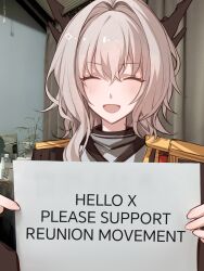 1girl :d ^_^ absurdres arknights black_horns blush closed_eyes english_text epaulettes facing_viewer fingernails grey_hair hair_between_eyes hair_intakes hashtag-only_commentary highres holding holding_paper horns medium_hair meme open_mouth paper photo_background propaganda shadow71580825 smile solo talulah_(arknights) talulah_the_fighter_(arknights) twitter upper_body