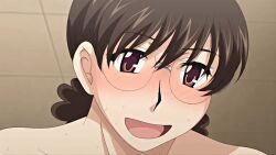 1girl 2020 20s animated animated_gif curly_hair glasses hitozuma_mitsu_to_niku housewife implied_sex mature_female obasan_(hitozuma_mitsu_to_niku) ponytail queen_bee_(animation_studio) sweat tagme
